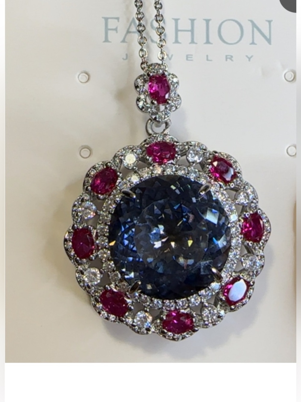 Elegant Blue Centerstone Pendant Necklace with Pink Ruby Imitation Stones